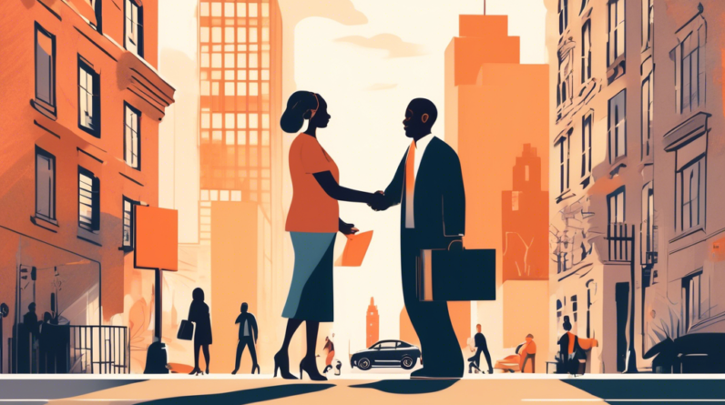 Create an image depicting a bustling New York City street scene where two characters, a landlord and a tenant, are shaking hands in agreement outside a city apartment building. The tenant is visibly r