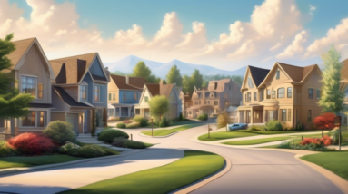 Create an image depicting a scene in the exurbs that highlights its appeal compared to downtown and suburban areas. The scene should include a mix of spacious modern homes surrounded by open landscape