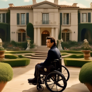 Create an image depicting a fictional scene inspired by a celebrity news story: Orlando Bloom, looking pensive and concerned, stands in front of a grand, sprawling Montecito mansion, surrounded by lus