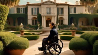 Create an image depicting a fictional scene inspired by a celebrity news story: Orlando Bloom, looking pensive and concerned, stands in front of a grand, sprawling Montecito mansion, surrounded by lus