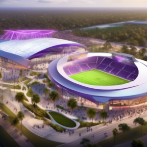 Create an aerial view of a futuristic sports complex at Osceola Heritage Park, valued at $1 billion. The scene should include state-of-the-art soccer and multi-sport arenas for Orlando City SC and Pri