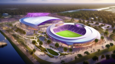 Create an aerial view of a futuristic sports complex at Osceola Heritage Park, valued at $1 billion. The scene should include state-of-the-art soccer and multi-sport arenas for Orlando City SC and Pri