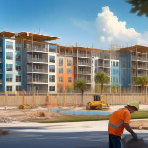 Create an image depicting a vibrant, modern apartment complex under construction in Orlando, Florida. The foreground should feature bustling activity with construction workers and equipment, while the