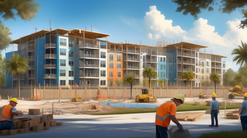 Create an image depicting a vibrant, modern apartment complex under construction in Orlando, Florida. The foreground should feature bustling activity with construction workers and equipment, while the