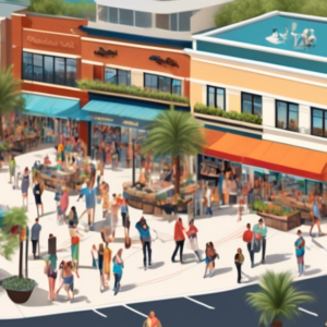 Create an aerial illustration of a vibrant and bustling shopping and dining district along Orlando's E192. The scene features a mix of modern architecture and lush landscaping, showcasing a variety of