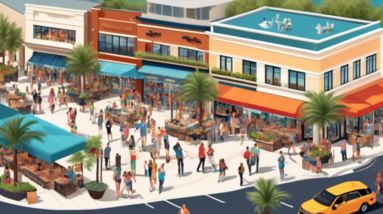 Create an aerial illustration of a vibrant and bustling shopping and dining district along Orlando's E192. The scene features a mix of modern architecture and lush landscaping, showcasing a variety of