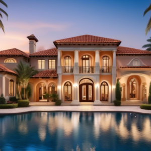 Create an image of a luxurious Mediterranean-style mansion situated on a private peninsula in Orlando. The mansion features elegant architectural details such as terracotta roofs, arched windows, and