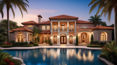 Create an image of a luxurious Mediterranean-style mansion situated on a private peninsula in Orlando. The mansion features elegant architectural details such as terracotta roofs, arched windows, and