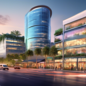 Create an image depicting a picturesque, high-value commercial property set in a vibrant and bustling Orlando district. The scene should capture a sleek, modern office building with large glass window