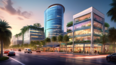 Create an image depicting a picturesque, high-value commercial property set in a vibrant and bustling Orlando district. The scene should capture a sleek, modern office building with large glass window