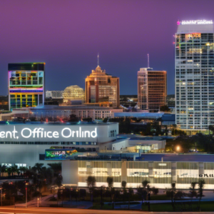 Create an image depicting a vast, modern office building in downtown Orlando with a glowing For Rent sign prominently displayed at the forefront. The city skyline, including iconic Orlando landmarks,