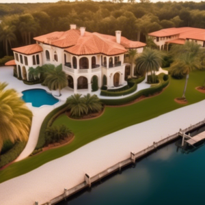 A breathtaking aerial view of a luxurious Mediterranean-style estate nestled on a secluded private peninsula, surrounded by the serene blue waters near Orlando. The estate features terracotta-tiled ro