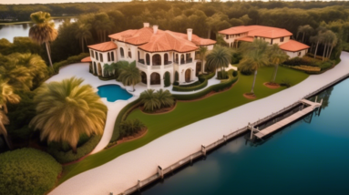 A breathtaking aerial view of a luxurious Mediterranean-style estate nestled on a secluded private peninsula, surrounded by the serene blue waters near Orlando. The estate features terracotta-tiled ro