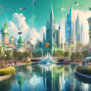 Create an image of a futuristic, stylized cityscape of Orlando, Florida, showcasing iconic landmarks like the Lake Eola Fountain and Cinderella Castle. The scene should include vibrant visuals of bust