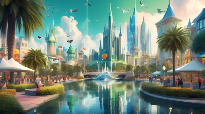 Create an image of a futuristic, stylized cityscape of Orlando, Florida, showcasing iconic landmarks like the Lake Eola Fountain and Cinderella Castle. The scene should include vibrant visuals of bust