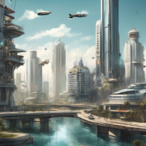 Create an illustrative scene depicting a futuristic cityscape in Florida, where towering high-rise condominiums dominate the skyline. In the center, a corporate building has mechanical arms extending,