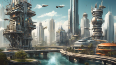 Create an illustrative scene depicting a futuristic cityscape in Florida, where towering high-rise condominiums dominate the skyline. In the center, a corporate building has mechanical arms extending,