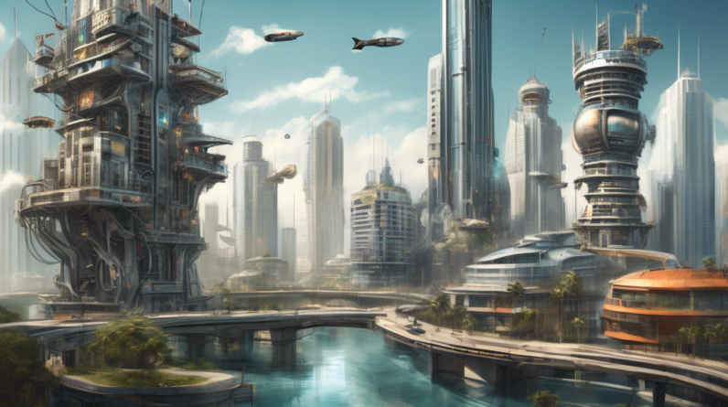 Create an illustrative scene depicting a futuristic cityscape in Florida, where towering high-rise condominiums dominate the skyline. In the center, a corporate building has mechanical arms extending,