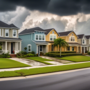 A picturesque suburban neighborhood in Florida under a partly cloudy sky. The houses are charming and well-kept, but several For Sale signs dot the yards, reflecting a slow housing market. In the back