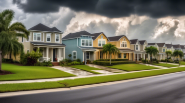 A picturesque suburban neighborhood in Florida under a partly cloudy sky. The houses are charming and well-kept, but several For Sale signs dot the yards, reflecting a slow housing market. In the back