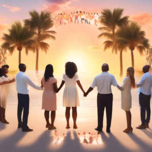 Create an image depicting a group of diverse real estate agents in Florida coming together to form a circle, their figures softly glowing to represent their angelic presence. The background should be