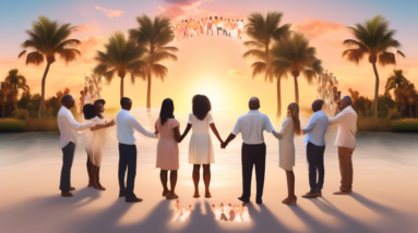 Create an image depicting a group of diverse real estate agents in Florida coming together to form a circle, their figures softly glowing to represent their angelic presence. The background should be