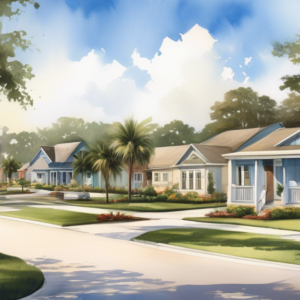 Create an image depicting a picturesque view of Minneola, Florida, showcasing its serene landscapes and vibrant community. Include elements like a modern Tri Pointe Homes design nestled harmoniously w