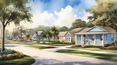 Create an image depicting a picturesque view of Minneola, Florida, showcasing its serene landscapes and vibrant community. Include elements like a modern Tri Pointe Homes design nestled harmoniously w